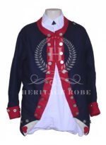 Men’s Historical Military Jacket – Colonial Blue & Red Uniform Style with Silver Button Detailing