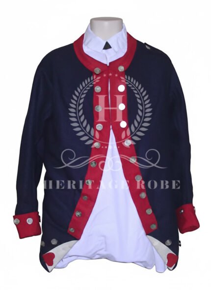 Men’s Historical Military Jacket – Colonial Blue & Red Uniform Style with Silver Button Detailing