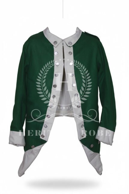Vintage Military-Style Wool Coat – Green & White with Pewter Anchor Buttons, Linen Lining
