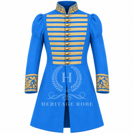 Women’s Royal Blue Military Style Coat with Gold Braid & Oak Leaf Embroidery, Puff Sleeve Hussar Frock Coat, Regency Napoleonic Costume