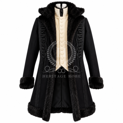 Men’s Black Napoleon Coat with Fur Trim