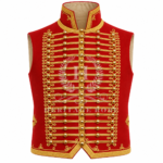 Hussar Military Vest Men, Red Napoleonic Waistcoat with Gold Braid