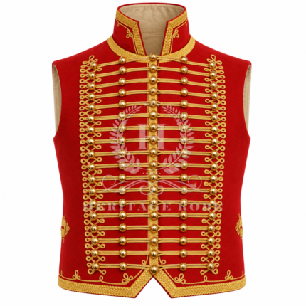 Hussar Military Vest Men, Red Napoleonic Waistcoat with Gold Braid