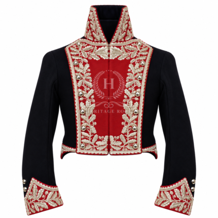 Men’s Navy Blue Napoleonic General Jacket with Silver Oak Leaf Embroidery, Red Plastron Front, French Marshal Officer Cropped Uniform Coat