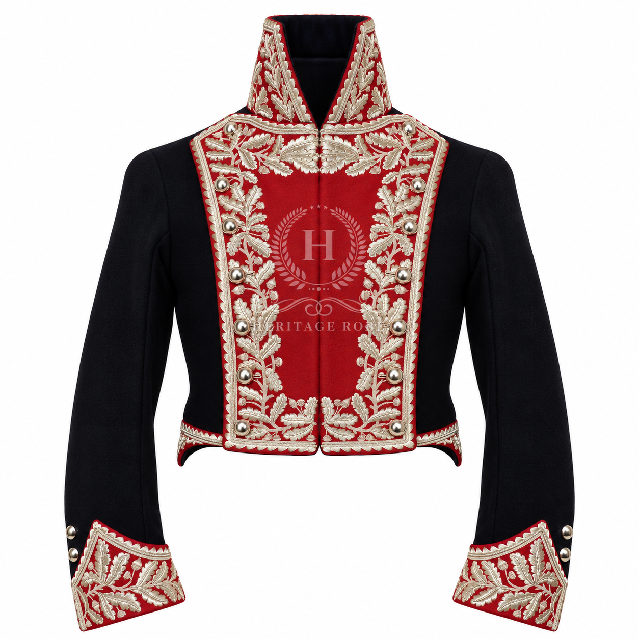Men’s Navy Blue Napoleonic General Jacket with Silver Oak Leaf Embroidery Men’s Navy Blue Napoleonic General Jacket with Silver Oak Leaf Embroidery, Red Plastron Front, French Marshal Officer Cropped Uniform Coat