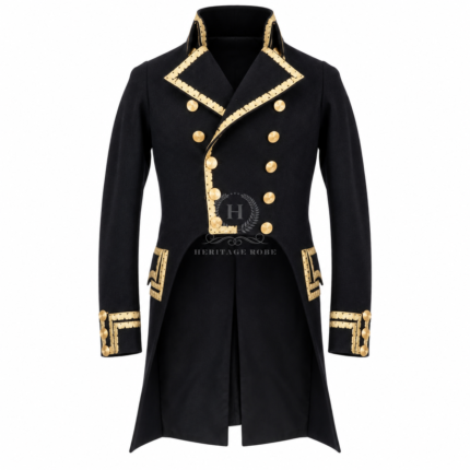 Men’s Black Naval Officer Tailcoat with Gold Lace Trim, Napoleonic Royal Navy Admiral Coat, Georgian Captain Uniform Costume