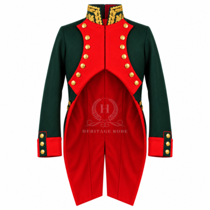 Men’s Dark Green Napoleonic Officer Tailcoat with Red Facings & Gold Oak Leaf Collar, Russian Imperial General Uniform, Historical Reenactment Coat