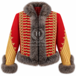Men’s Red Hussar Jacket with Fur Trim, Gold Braid Napoleonic Officer Dolman, Cavalry Military Parade Coat, Historical Reenactment Costume