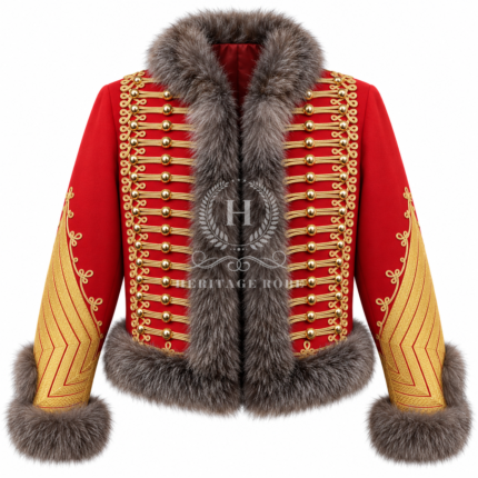 Men’s Red Hussar Jacket with Fur Trim, Gold Braid Napoleonic Officer Dolman, Cavalry Military Parade Coat, Historical Reenactment Costume