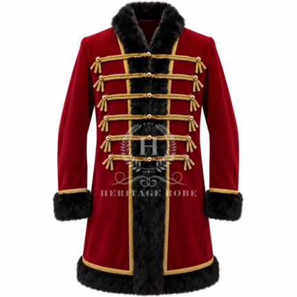 Men’s Red Velvet Coat with Black Fur Trim, Gold Braid Frogging Russian Cossack Style Long Coat, Imperial Court Winter Costume