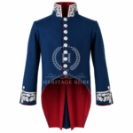 Men’s Navy Blue Napoleonic Tailcoat with Silver Leaf Embroidery, Red Lined Tails, French Imperial Diplomatic Court Uniform Coat, Regency Costume