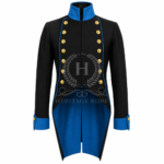 Men’s Black Napoleonic Tailcoat with Royal Blue Facings, Gold Button Military Officer Coat, French Imperial Uniform Costume