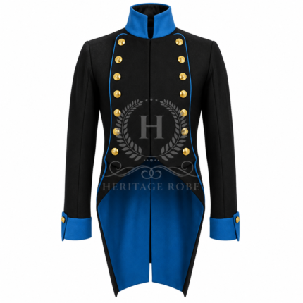 Men’s Black Napoleonic Tailcoat with Royal Blue Facings, Gold Button Military Officer Coat, French Imperial Uniform Costume