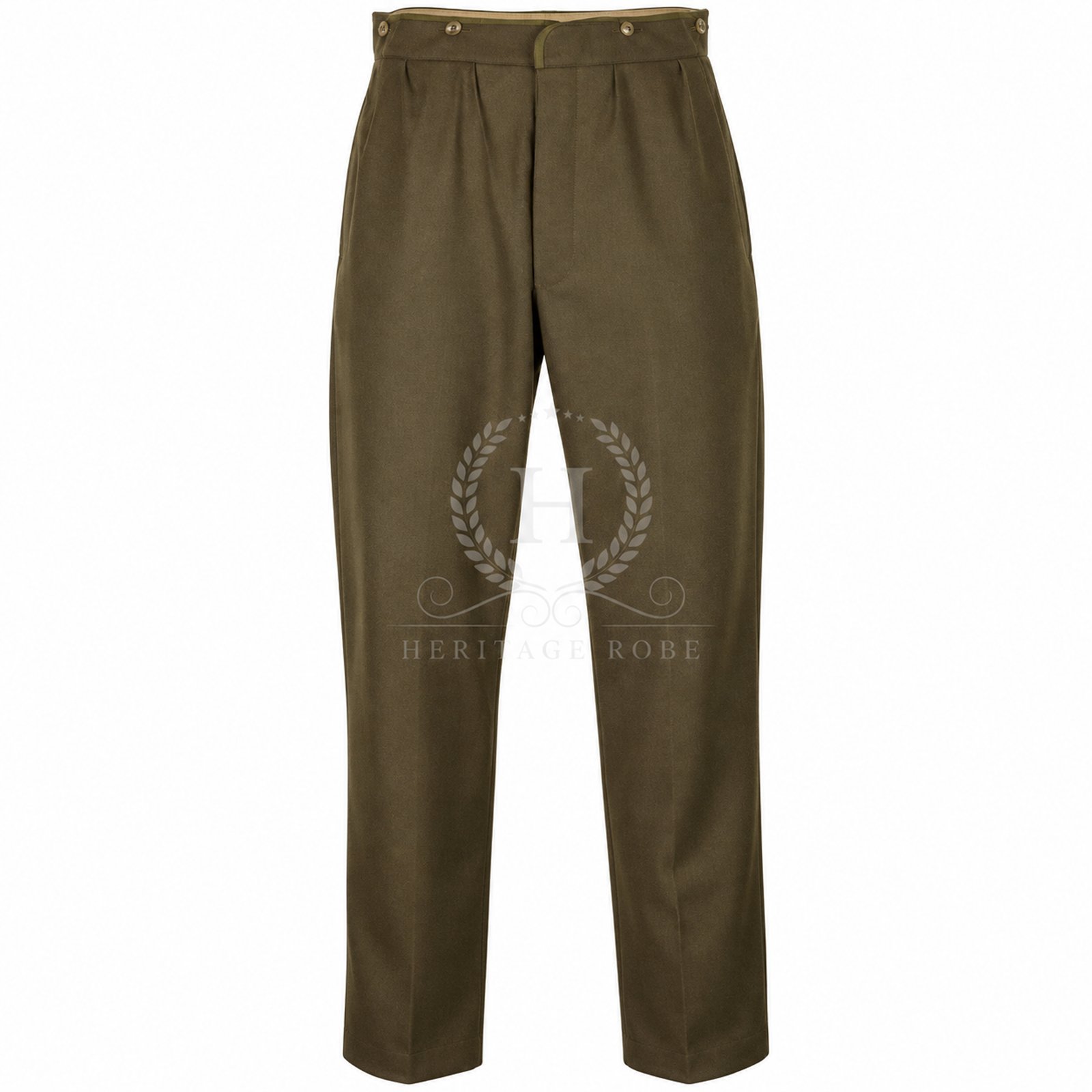 Men’s WW2 British Officer Khaki Wool Trousers, Men’s WW2 British Officer Khaki Wool Trousers, Cinch Back