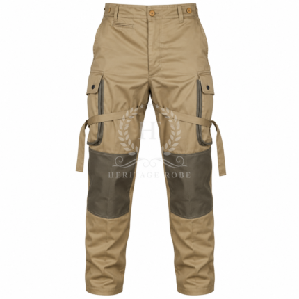 Men’s WW2 US Airborne M1942 Paratrooper Trousers, Reinforced Knee Cargo Pants with Leg Ties & 5-Button Fly, Olive Drab Reenactment