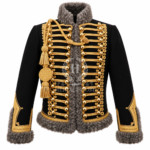 Men’s Black Hussar Jacket with Gold Braiding & Gray Astrakhan Style Fur Trim, Napoleonic Cavalry Officer Pelisse with Aiguillette Cord