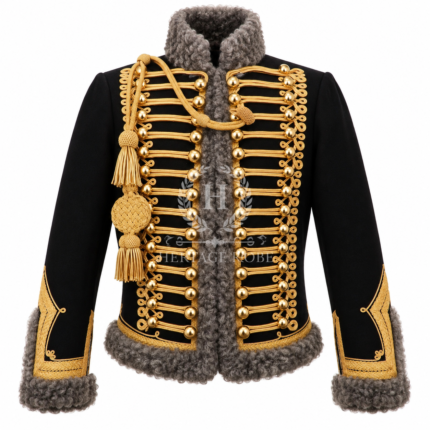 Men’s Black Hussar Jacket with Gold Braiding & Gray Astrakhan Style Fur Trim, Napoleonic Cavalry Officer Pelisse with Aiguillette Cord