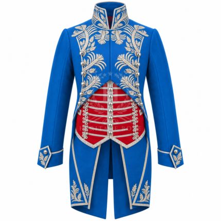 Men’s Royal Blue Napoleonic Tailcoat with Silver Embroidery, French Imperial Court Coat, Marshal Ceremonial Uniform with Red Hussar Waistcoat