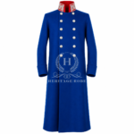 Men’s Royal Blue Napoleonic Greatcoat with Red Collar & Silver Embroidery, Long Military Overcoat, Russian Imperial Officer Coat